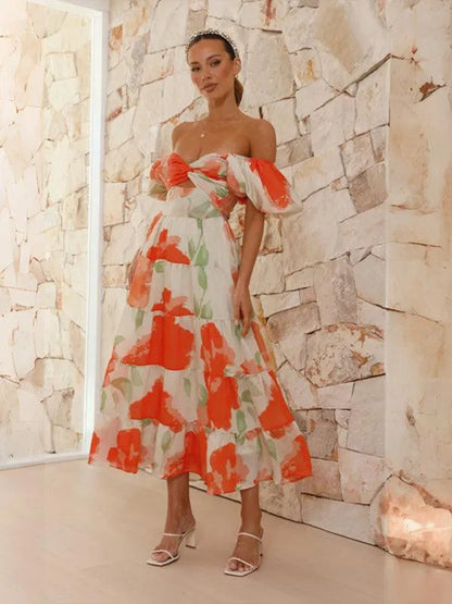 Printed Puff Sleeve Swing Summer Dress -Guocali