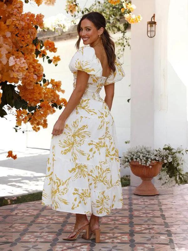 Printed Puff Sleeve Swing Summer Dress