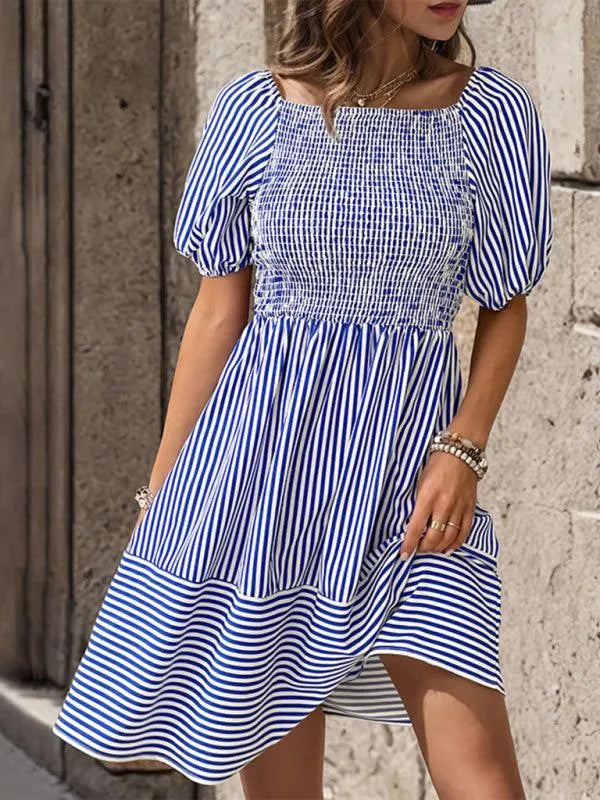 Puff Sleeve Striped Backless Dress -Guocali