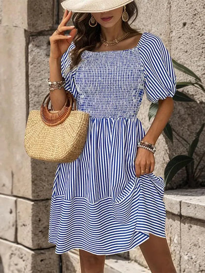 Puff Sleeve Striped Backless Dress -Guocali