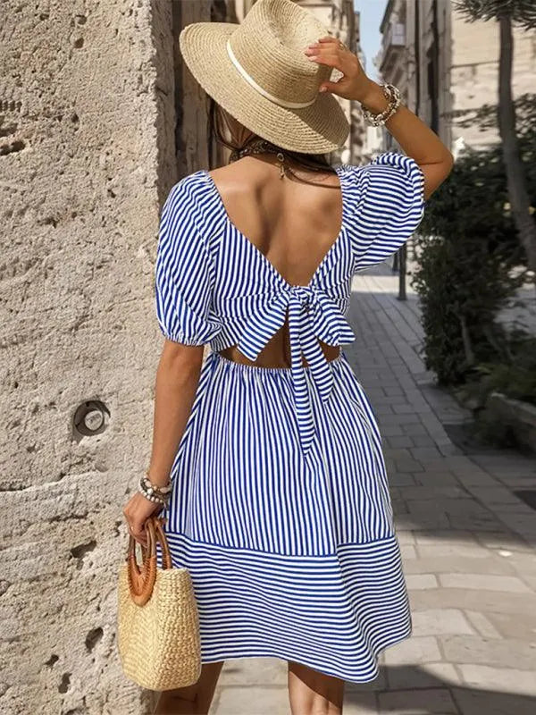 Puff Sleeve Striped Backless Dress -Guocali