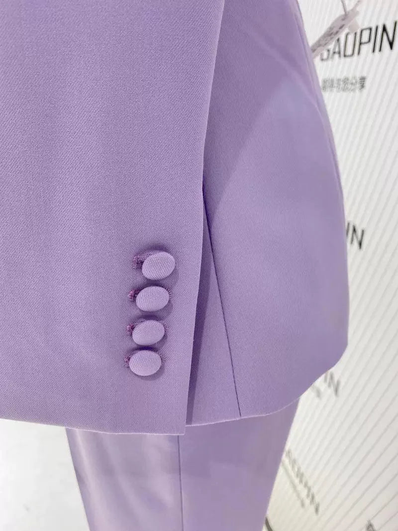 Purple Double-Breasted Suit - Women Flared Pantsuit -Guocali