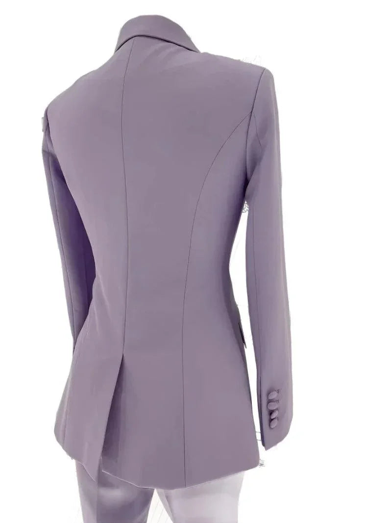 Purple Double-Breasted Suit - Women Flared Pantsuit -Guocali