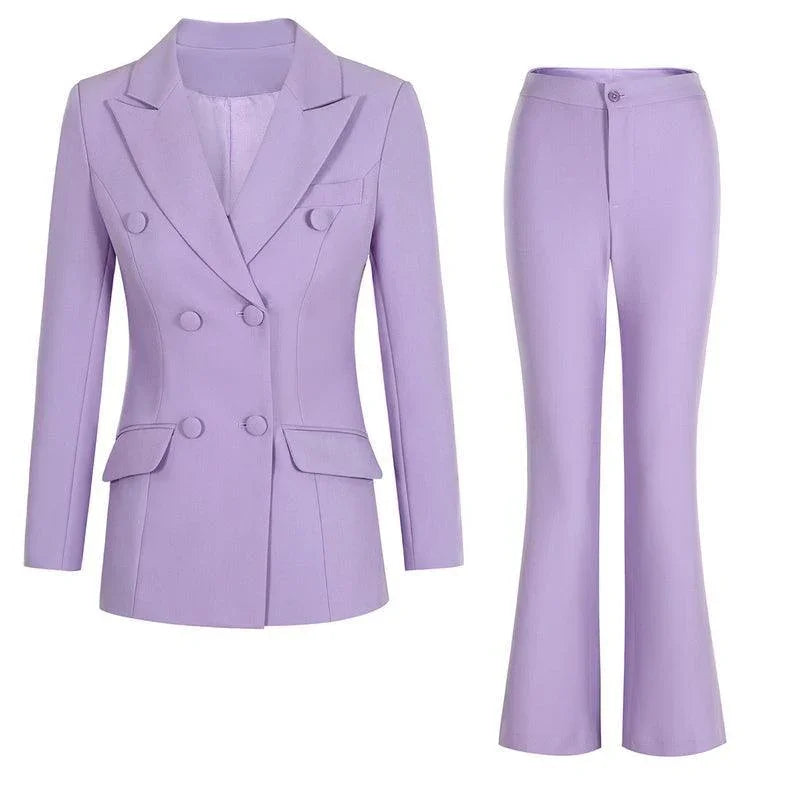 Purple Double-Breasted Suit - Women Flared Pantsuit -Guocali