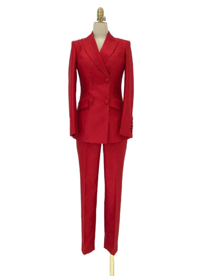 Red 2-Piece Double-Breasted Suit - Women Pant Suit -Guocali