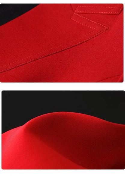 Close-up of red black pantsuit fabric and stitching, smooth texture, tailored details