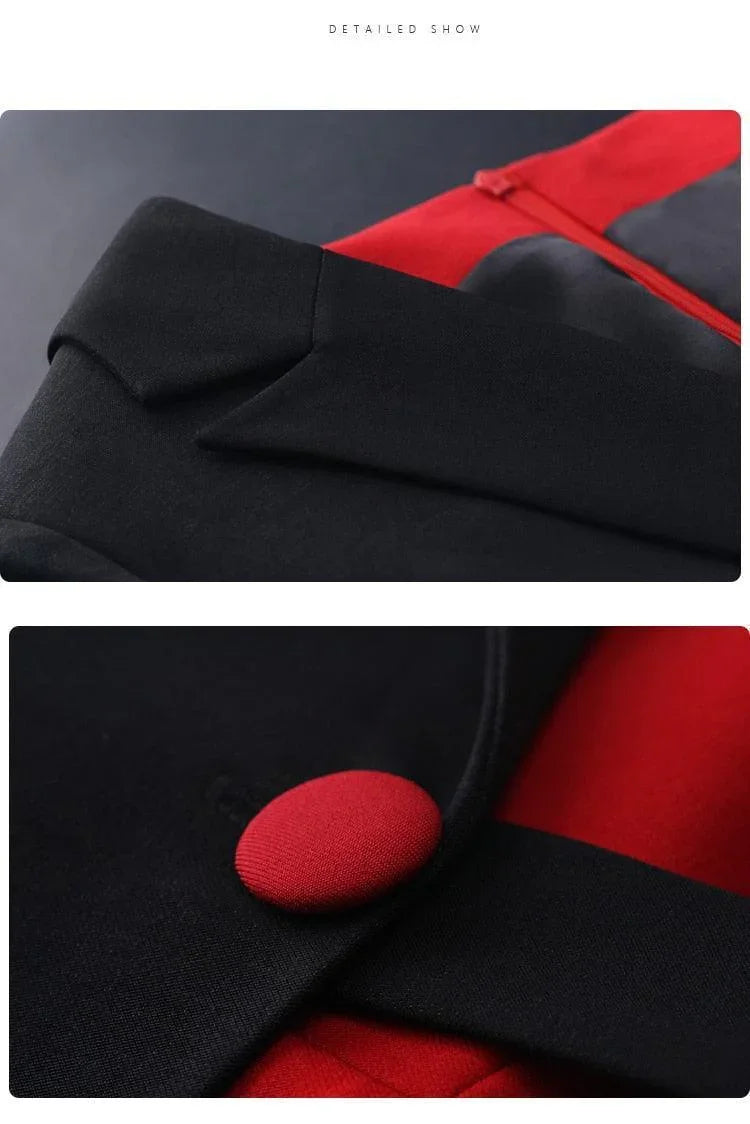Close-up of red and black women's pantsuit with red button and lapel detail