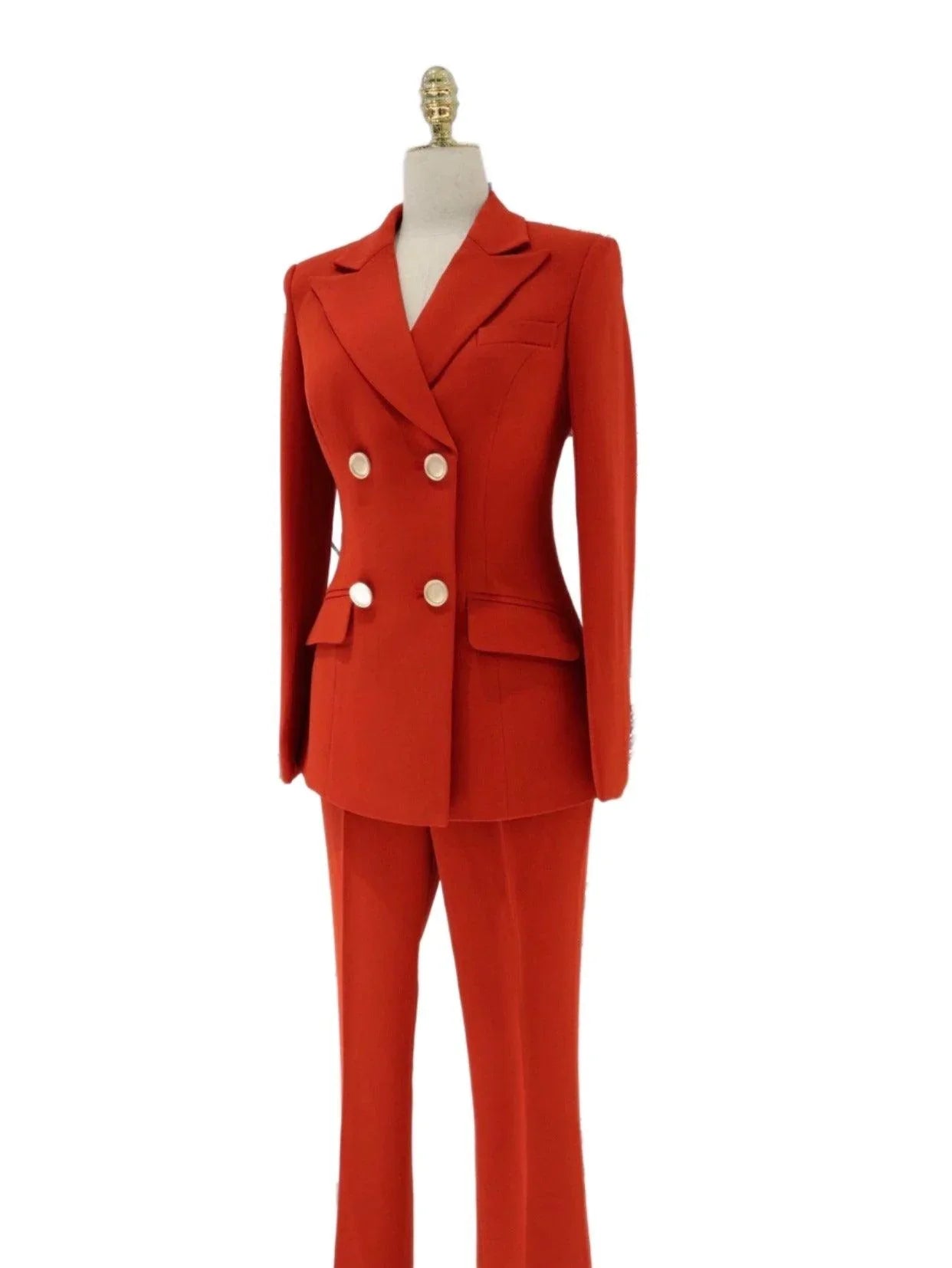 Red Double-Breasted Trouser Suit - Women Flared Pants Suit -Guocali