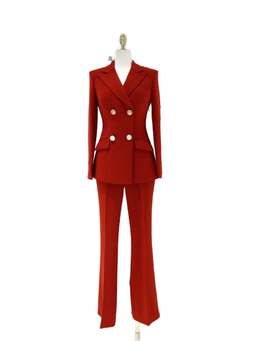 Red Double-Breasted Trouser Suit - Women Flared Pants Suit -Guocali