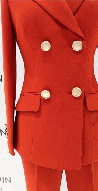 Red Double-Breasted Trouser Suit - Women Flared Pants Suit -Guocali