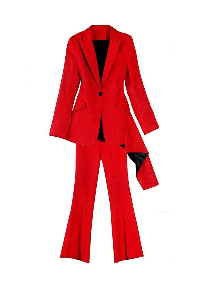 Red flared pant suit for women with asymmetrical blazer and black inner lining