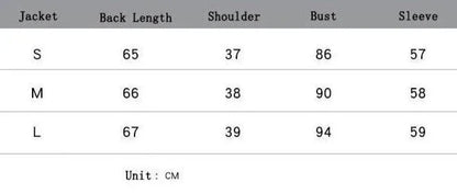 Size chart for women's jackets showing small, medium, and large with measurements in cm.