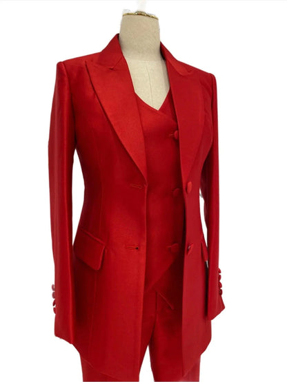 Red Three-piece Trouser Suit - Slim Fit Women Suit -Guocali