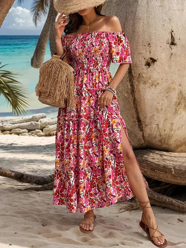 Resort Style off-Shoulder Printed Dress -Guocali