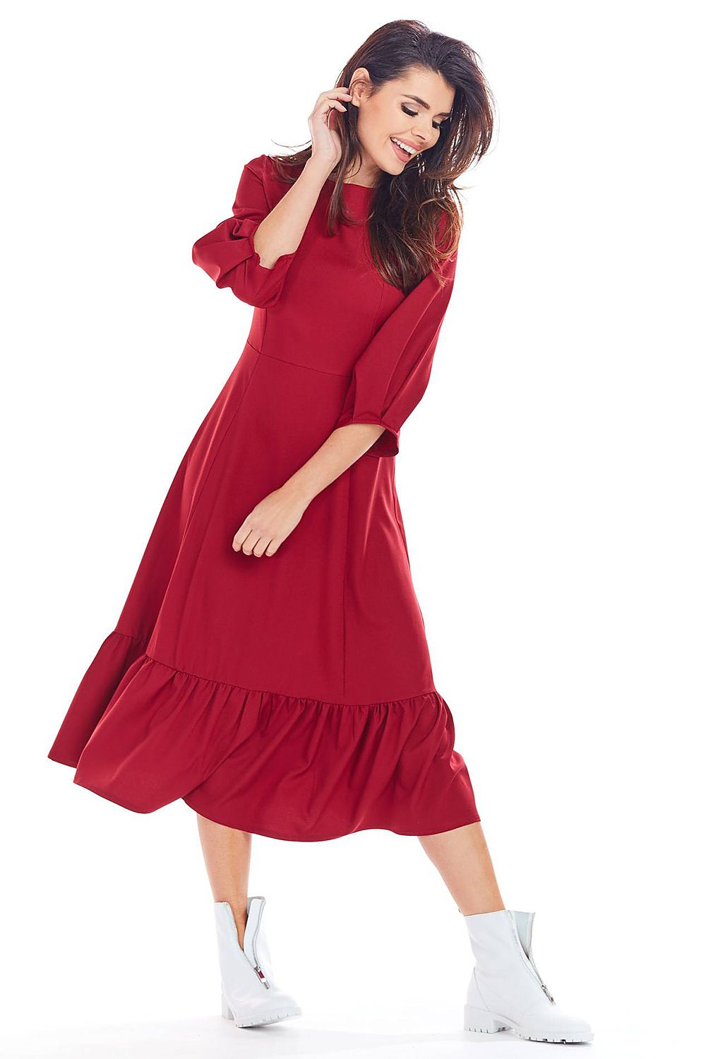romantic solid round neck long sleeves midi day dress – Daydress | GUOCALI – view 2