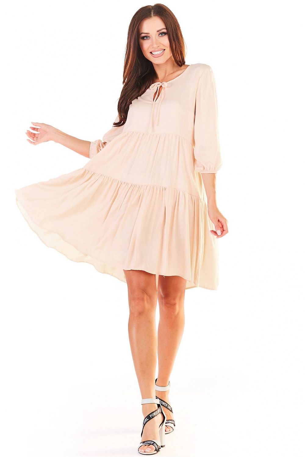 romantic solid tie neck three quarter sleeves knee-length day dress – Daydress | GUOCALI – view 5