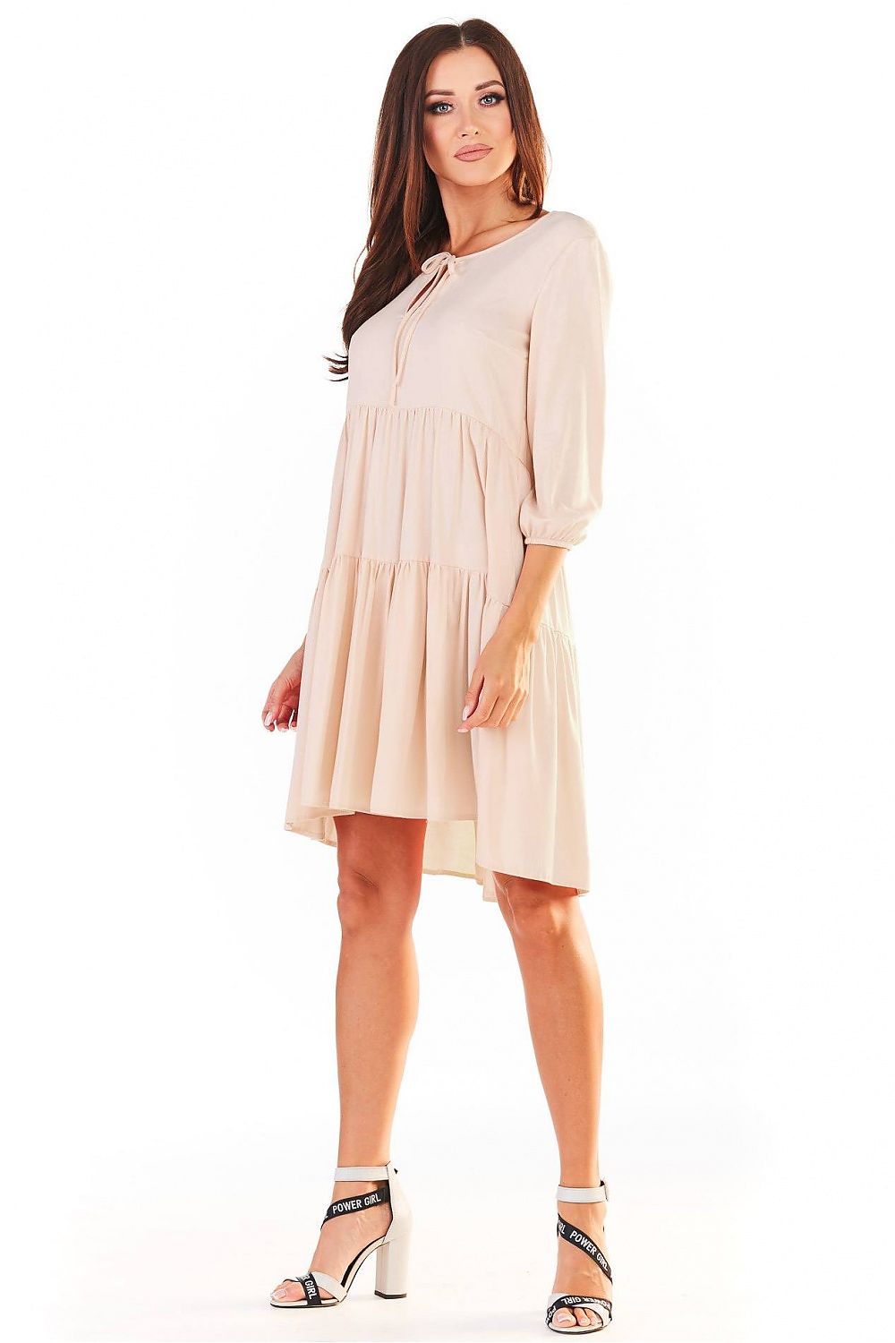 romantic solid tie neck three quarter sleeves knee-length day dress – Daydress | GUOCALI – view 6