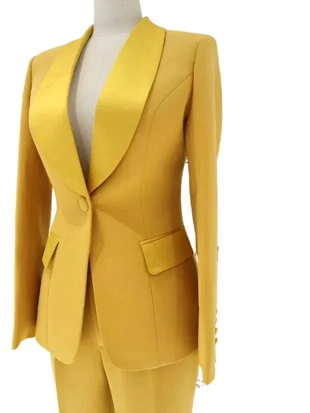 Yellow satin lapel collar women's pant suit with fitted blazer and trousers