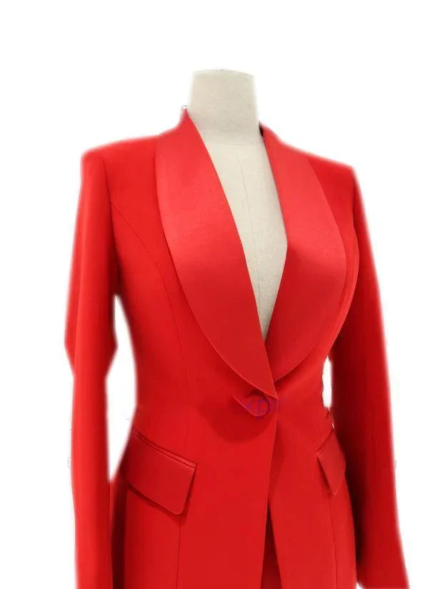 Red satin lapel collar pant suit for women on mannequin, tailored trouser suit style