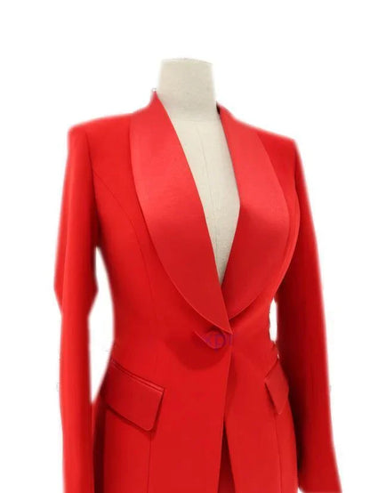 Red satin lapel collar pant suit for women on mannequin, tailored trouser suit style