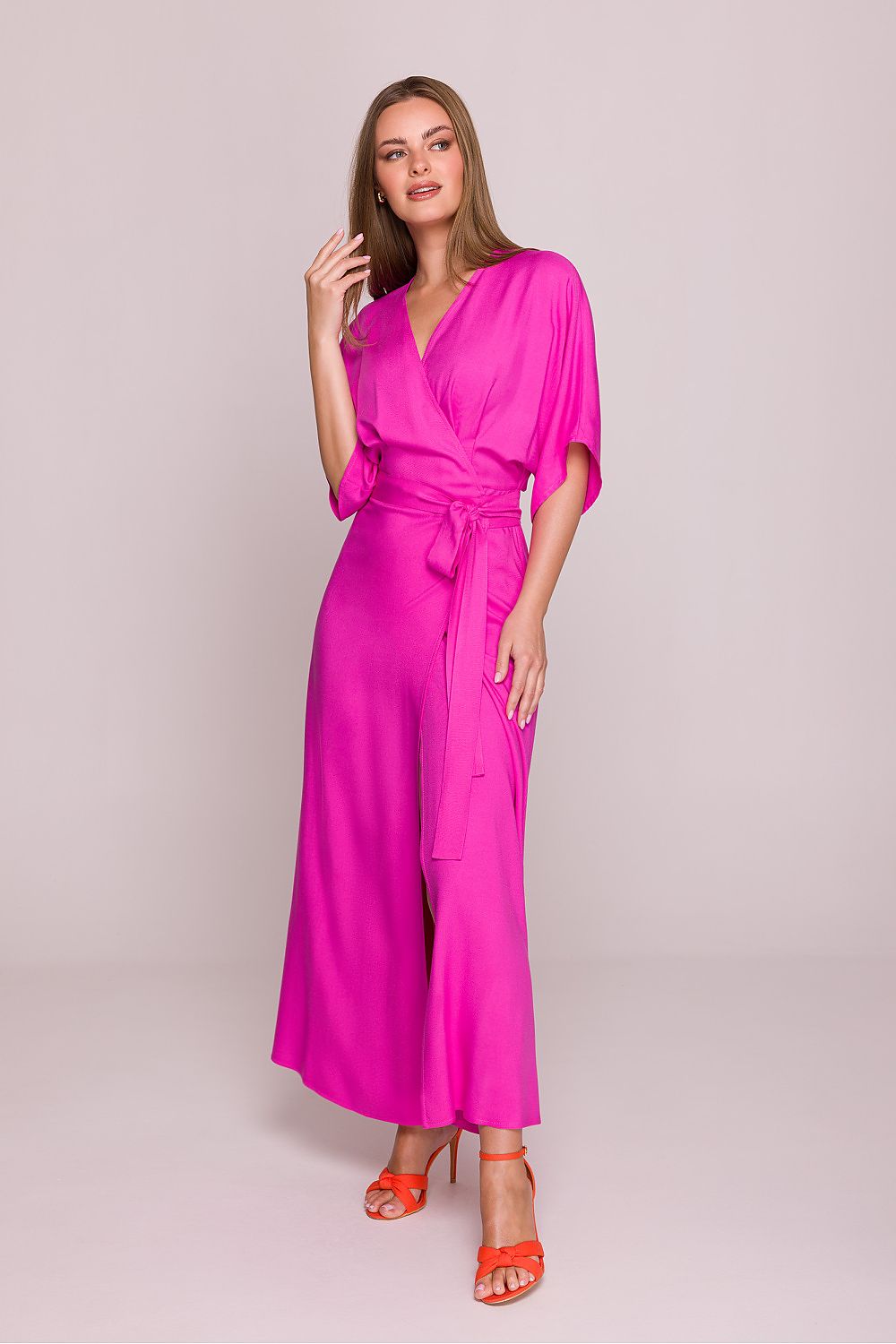 Satin Maxi Dress – V-Neck, Relaxed Cut, Tie Waist – Daydress | GUOCALI – view 3