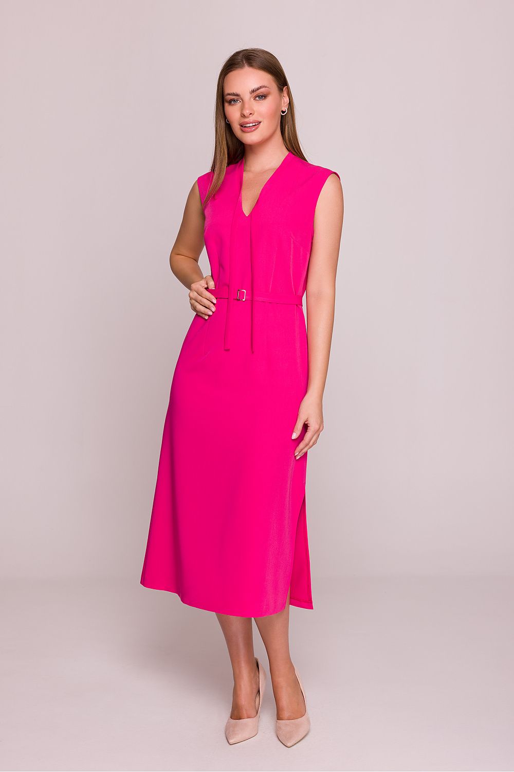 Satin Midi Dress – V-Neck, A-Line, Slit Detail – Daydress | GUOCALI