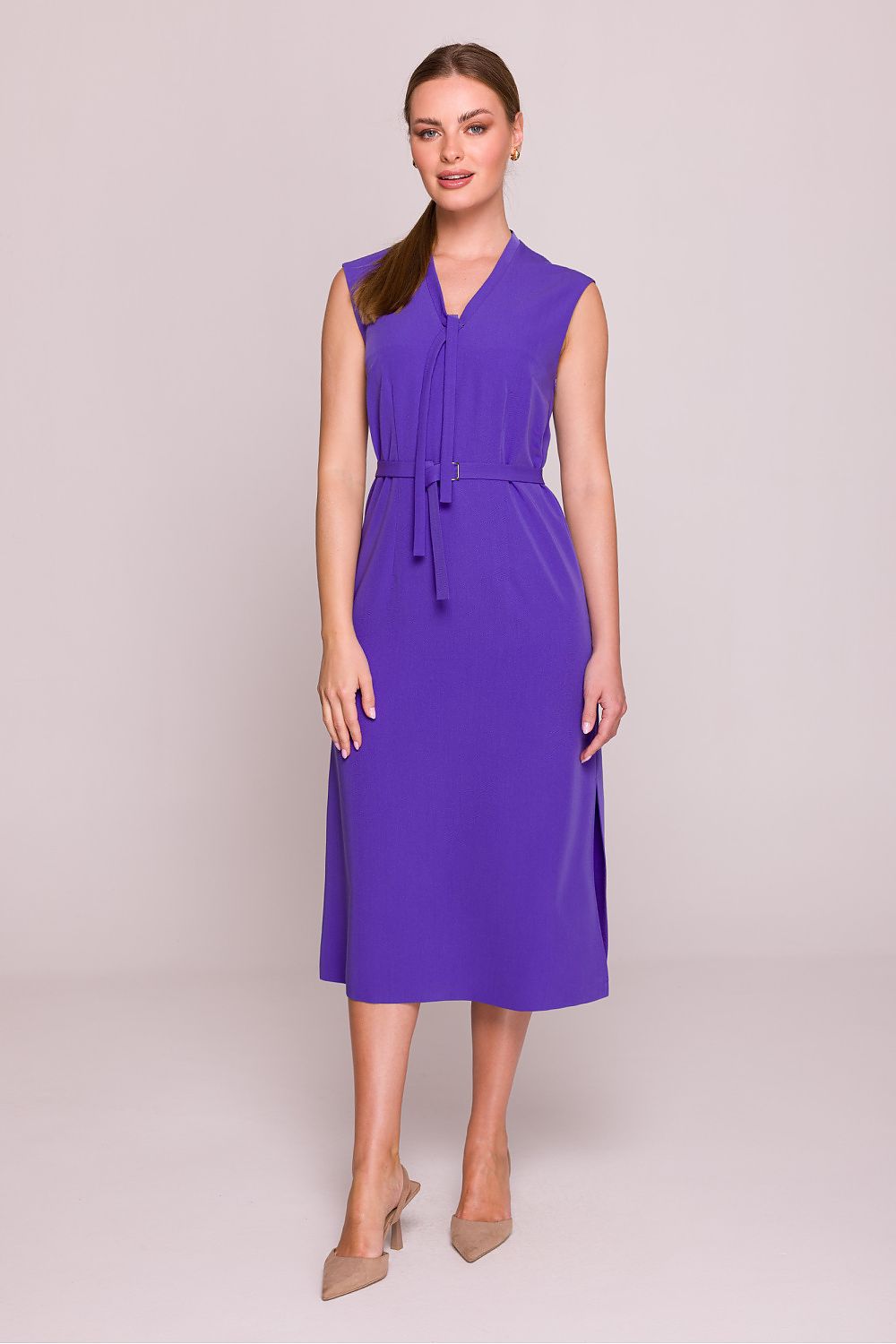 Satin Midi Dress – V-Neck, A-Line, Slit Detail – Daydress | GUOCALI – view 5