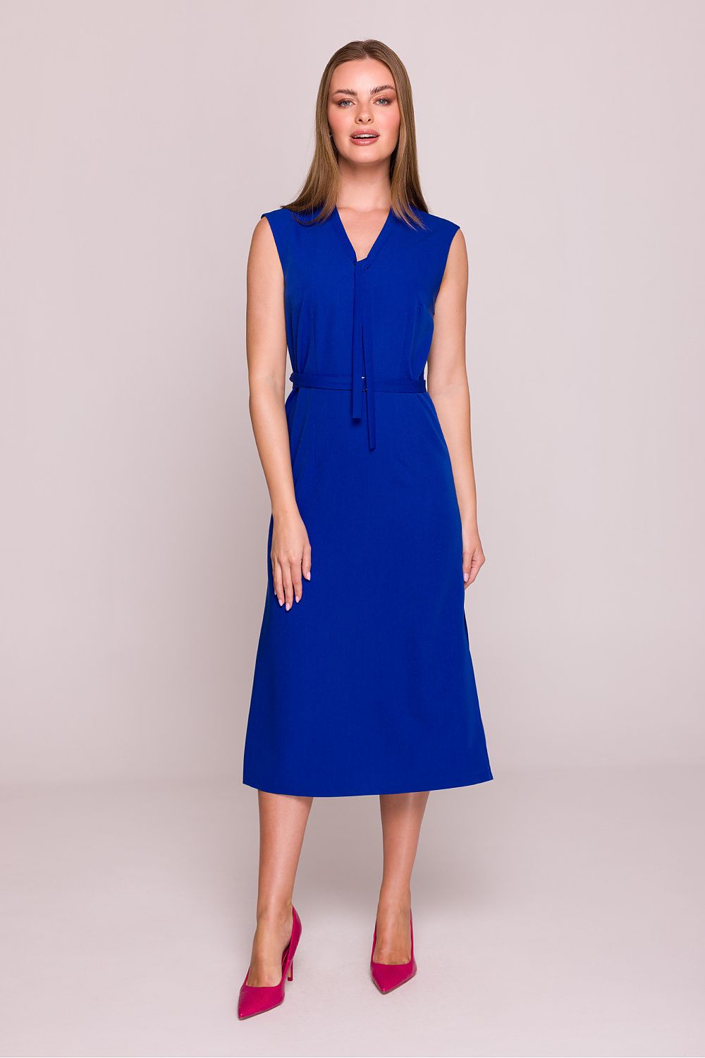 Satin Midi Dress – V-Neck, A-Line, Slit Detail – Daydress | GUOCALI – view 7