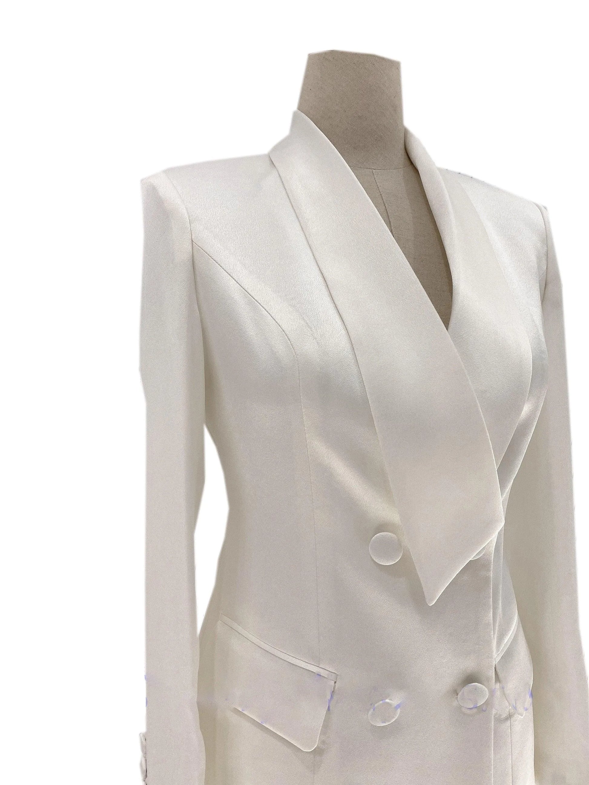 White satin double-breasted pantsuit jacket for women on mannequin