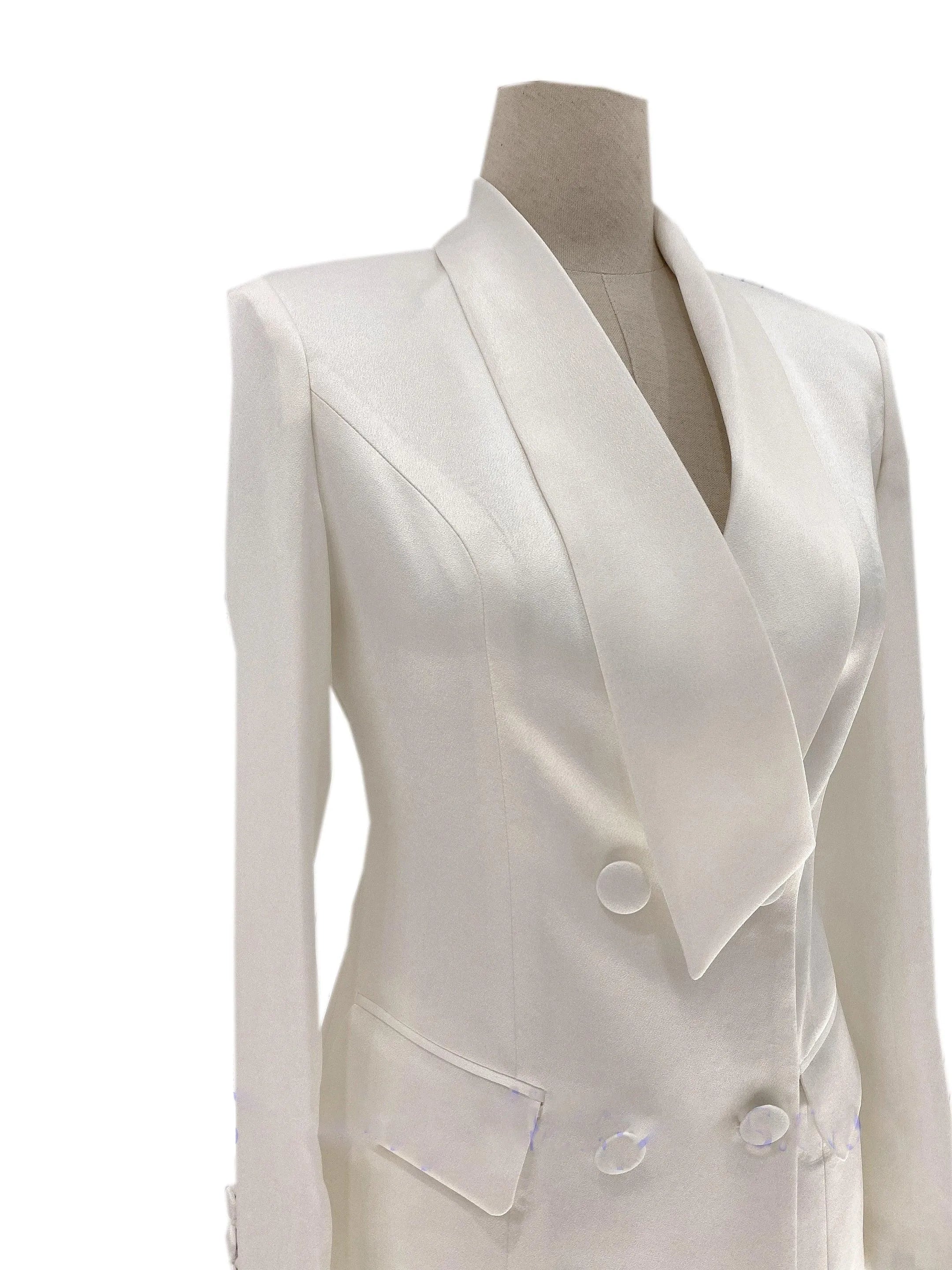 White satin double-breasted pantsuit jacket for women on mannequin