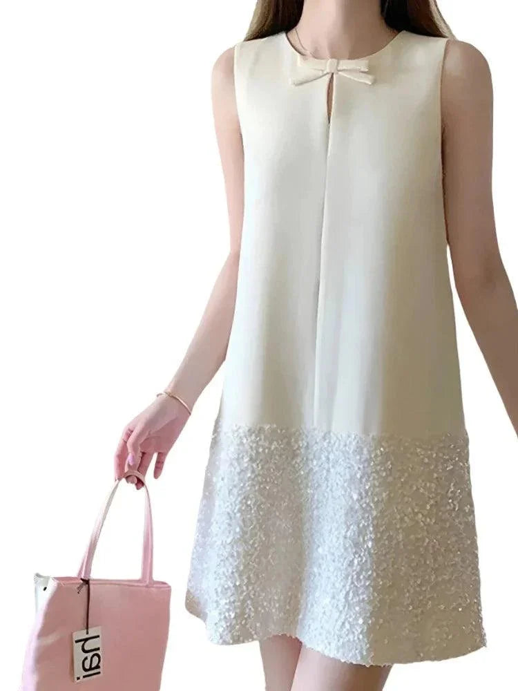 Sequin Bow Sleeveless A-Line Party Dress -Guocali