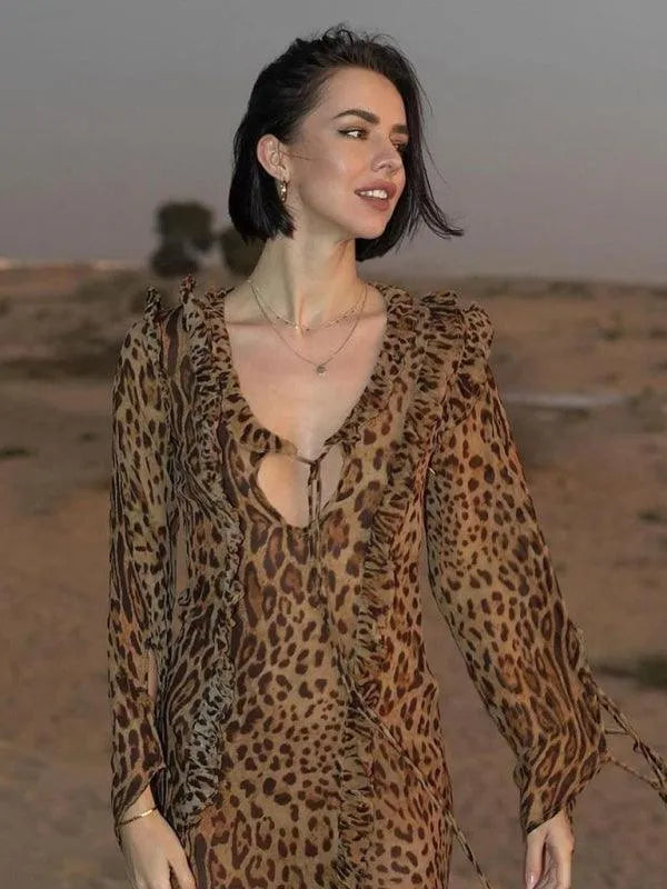 Sexy Leopard Print Ruffled Long Dress -Guocali