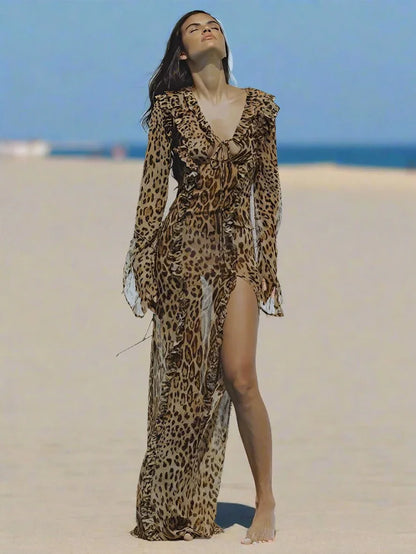 Sexy Leopard Print Ruffled Long Dress -Guocali