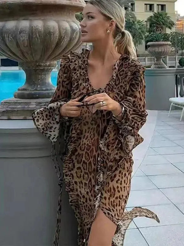 Sexy Leopard Print Ruffled Long Dress -Guocali