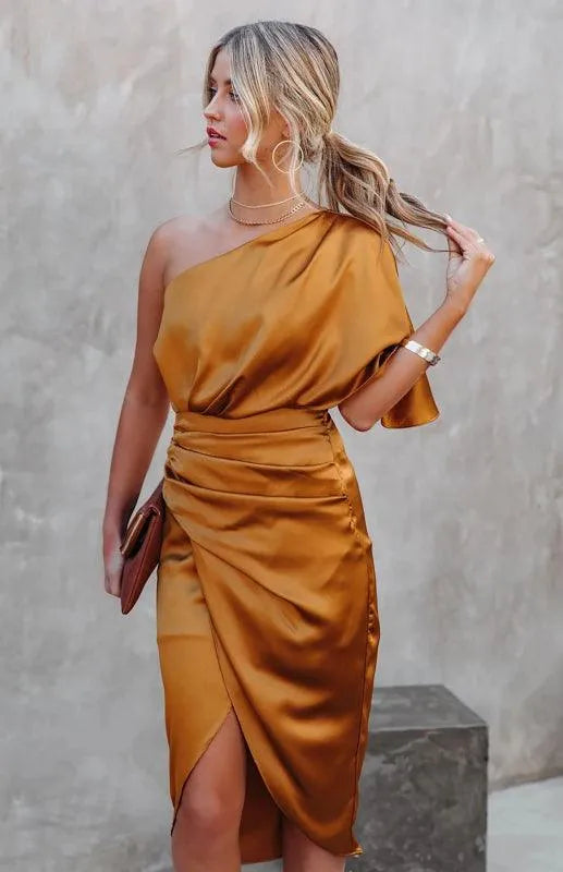 Sexy One Sleeve Irregular Pleated Party Dress -Guocali