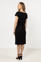 Short Sleeve Midi Dress – Boat Neck, A-Line, Tie Waist, Black – Daydress | GUOCALI – view 3