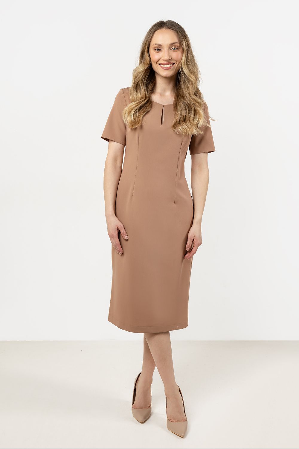 Short Sleeve Midi Dress – Boat Neck, Fitted Cut – Daydress | GUOCALI – view 4