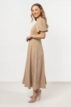Short Sleeve Midi Dress – Deep Neck, Fit-and-Flare, Flared Skirt – Daydress | GUOCALI – view 10