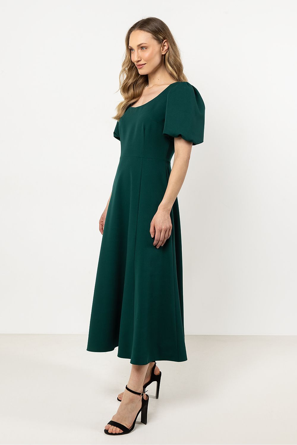 Short Sleeve Midi Dress – Deep Neck, Fit-and-Flare, Flared Skirt – Daydress | GUOCALI – view 2