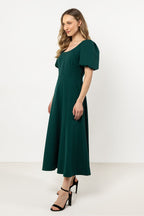Short Sleeve Midi Dress – Deep Neck, Fit-and-Flare, Flared Skirt – Daydress | GUOCALI – view 2