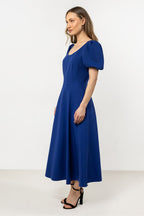 Short Sleeve Midi Dress – Deep Neck, Fit-and-Flare, Flared Skirt – Daydress | GUOCALI – view 5