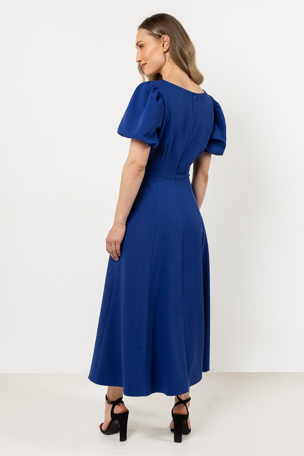 Short Sleeve Midi Dress – Deep Neck, Fit-and-Flare, Flared Skirt – Daydress | GUOCALI – view 6