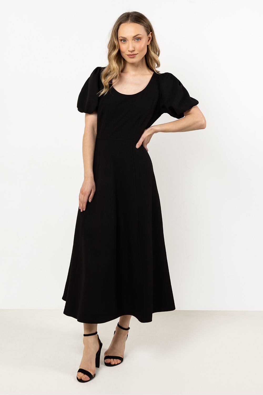 Short Sleeve Midi Dress – Deep Neck, Fit-and-Flare, Flared Skirt – Daydress | GUOCALI – view 7