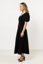 Short Sleeve Midi Dress – Deep Neck, Fit-and-Flare, Flared Skirt – Daydress | GUOCALI – view 8