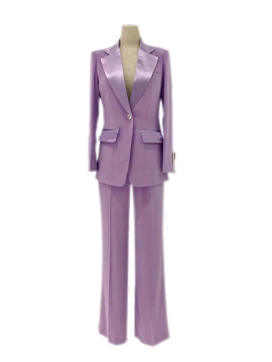 Lilac silk satin women's wedding pantsuit with blazer and wide-leg trousers on mannequin