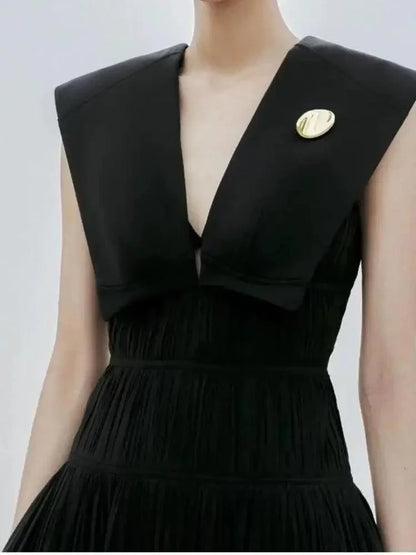 Sleeveless V-Neck Pleated Waistband Dress -Guocali