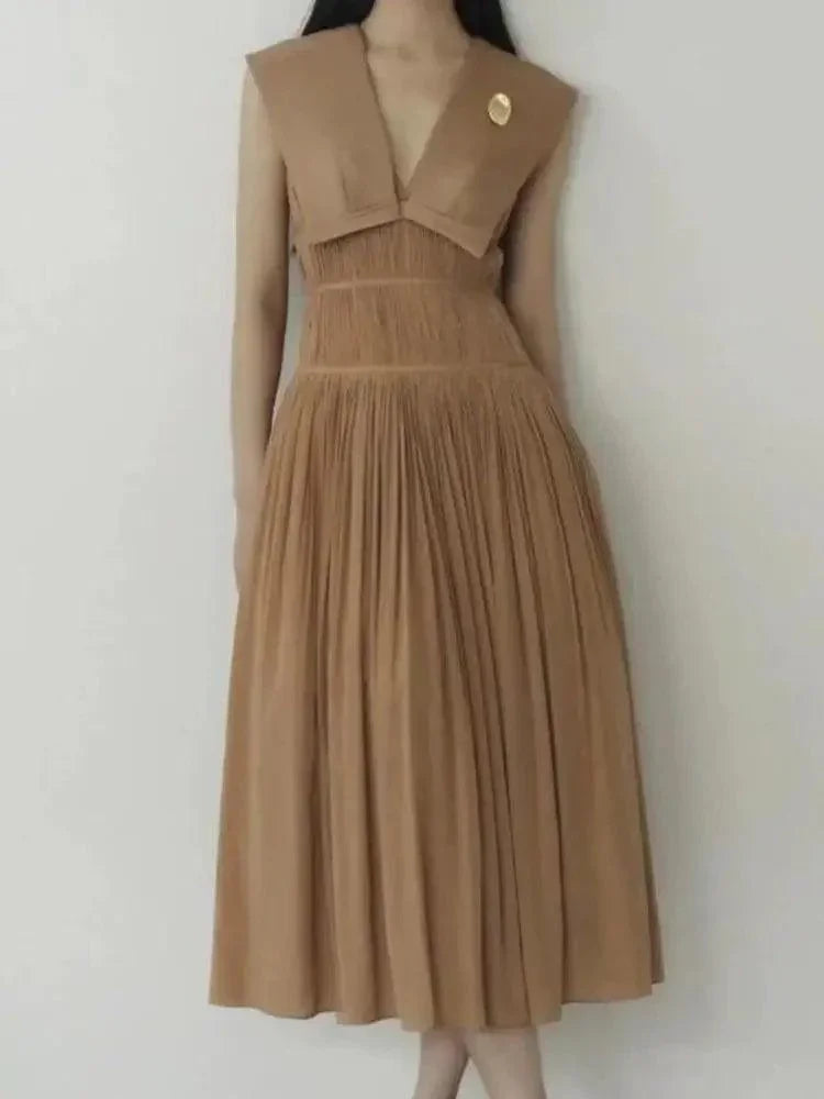 Sleeveless V-Neck Pleated Waistband Dress -Guocali