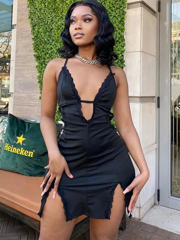 Sling Hollow Lace Splicing Hip Dress -Guocali