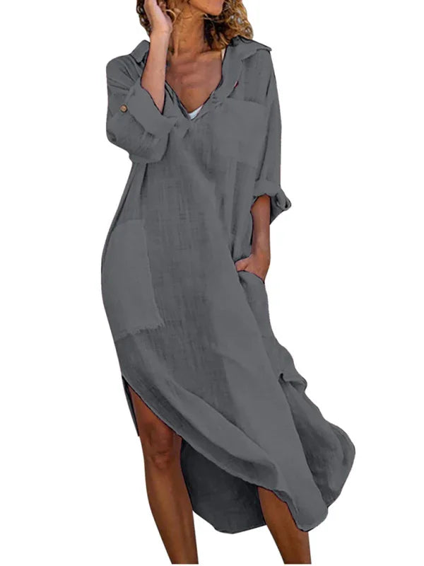 Solid color buttoned slit loose breathable casual long shirt dress-Padded Bra-GUOCALI