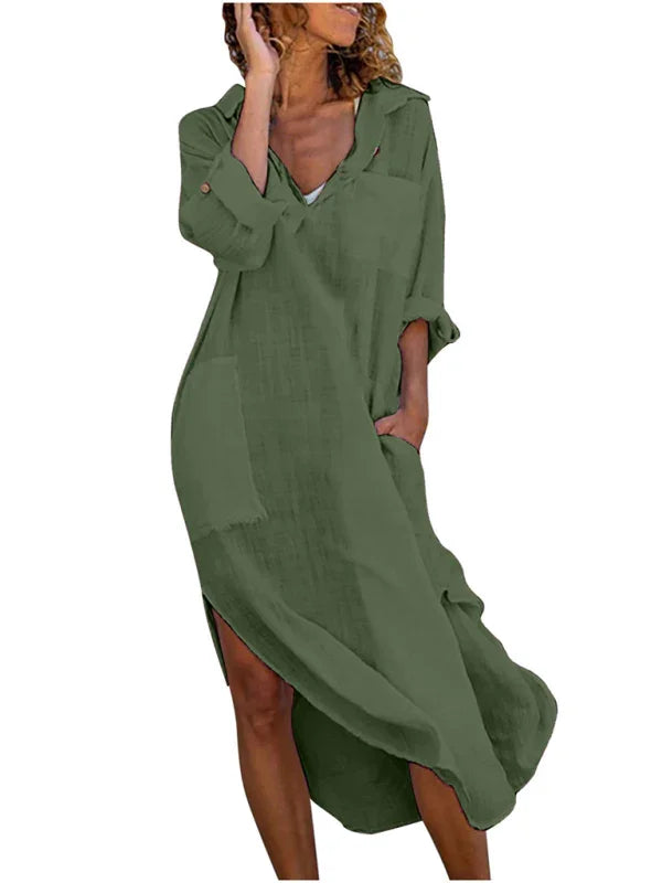 Solid color buttoned slit loose breathable casual long shirt dress-Padded Bra-GUOCALI